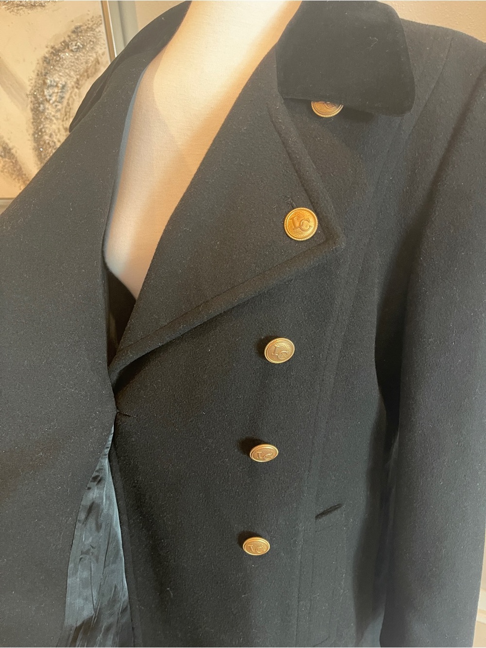 Vintage Liz Claiborne Women Black Double-Breasted Wool Coat, Gold Buttons Sz 12 - Picture 9 of 12